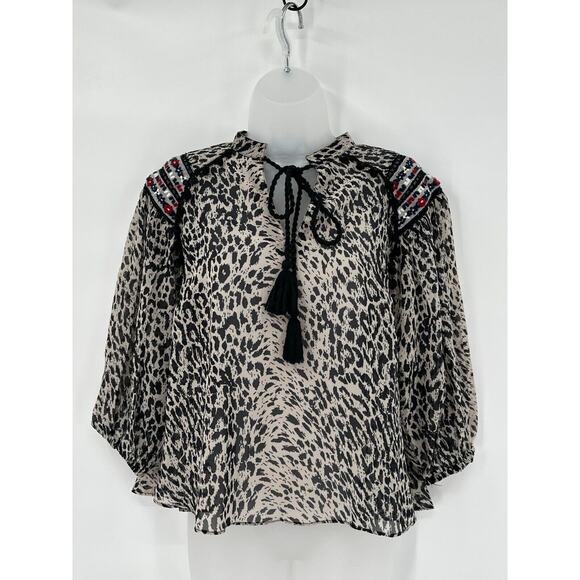 Anthro Rina Dhaka Shirt‎ Womens XS Cheetah Print Boho Embroidered Tassel Neck - Picture 1 of 10